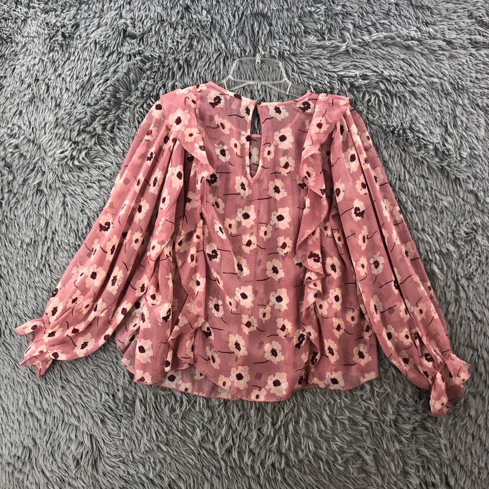 Lucky Brand Blouse Womens Small Floral Balloon Sleeves Ruffle Edge Pink Keyhole - Picture 13 of 13